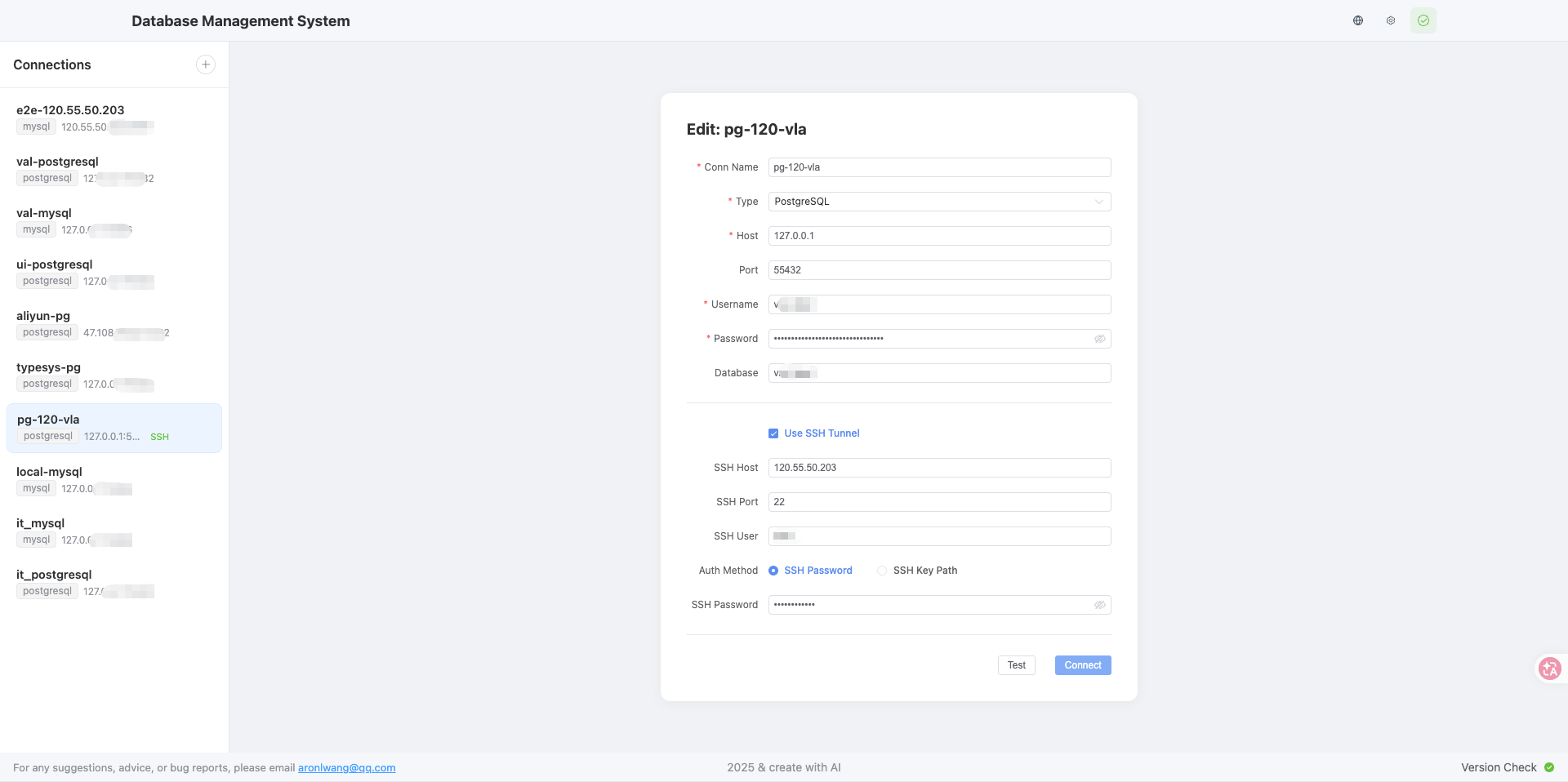 Screenshot of the DB-WhySoHeavy database management connection screen